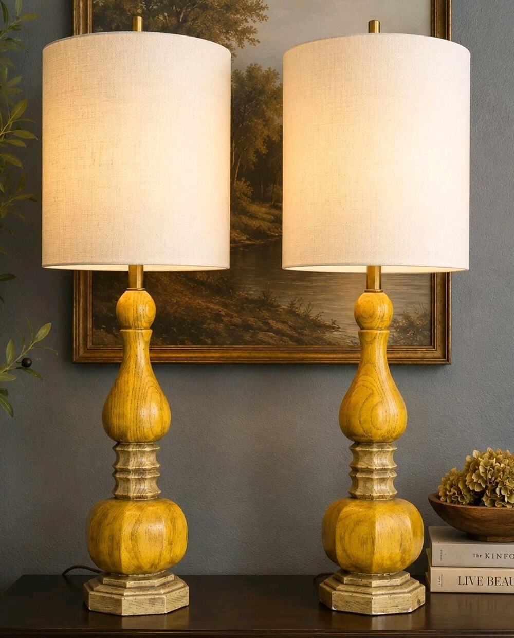 Vtg MCM Pair Turned Wooden Faux Bois Baluster Table Lamps Set Yellow Brown 19”